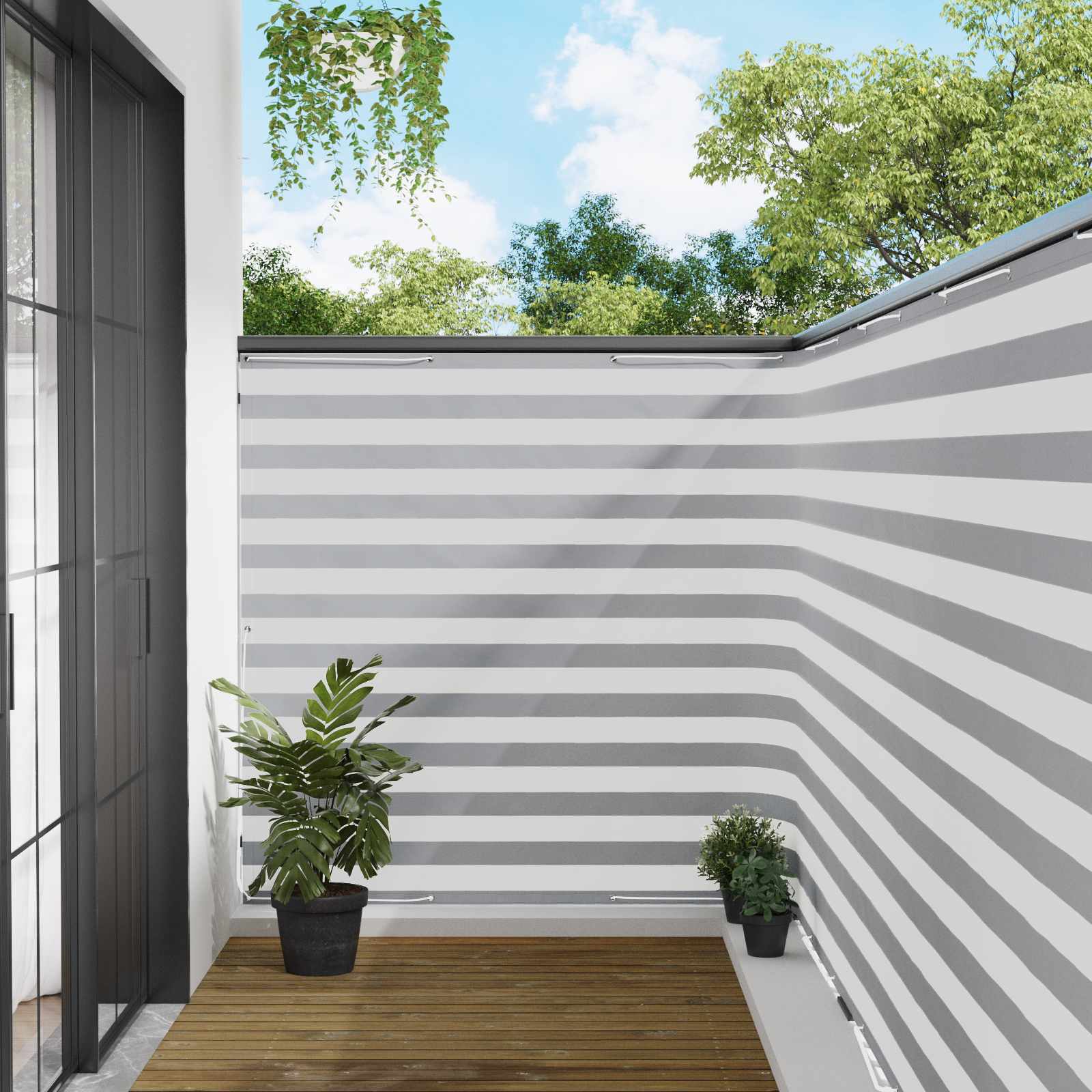 Baldahhiin 150 x 600 cm PU kaitsega kangas Helehall ja valge