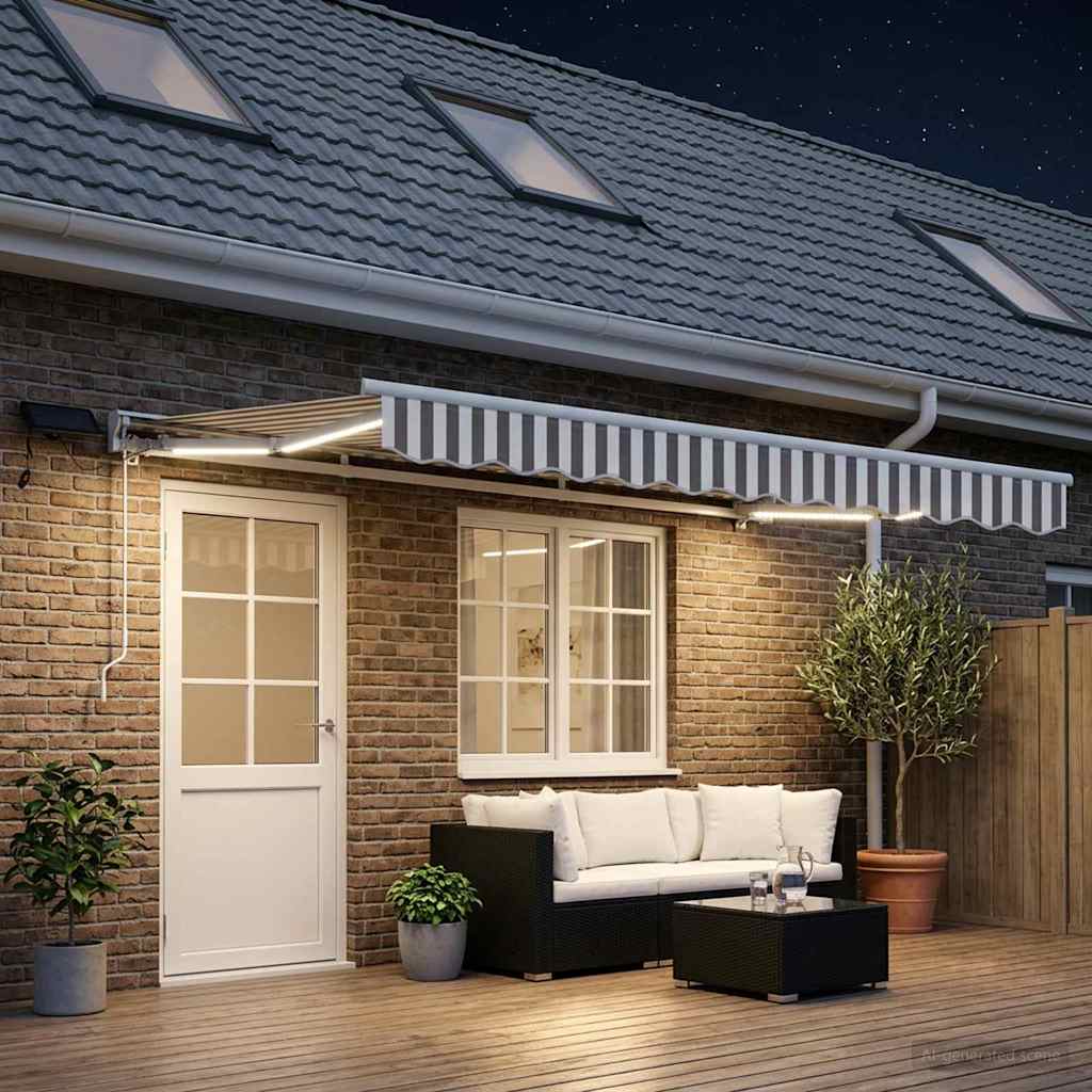 Manuaalne varikatus LED-idega Helehall ja valge 4 × 3 m