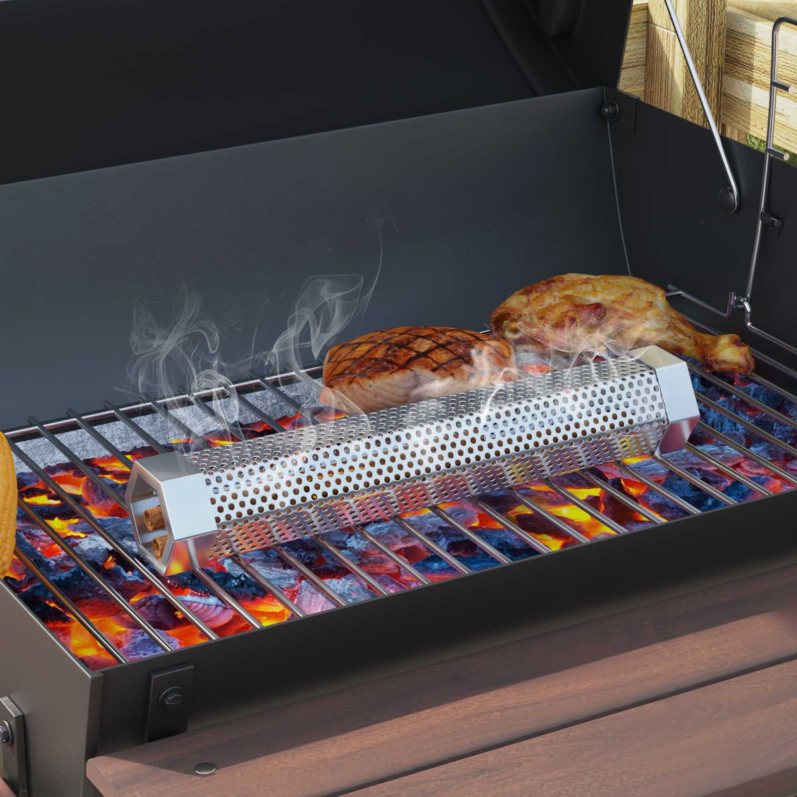 Süsi grill suitsetaja torudega 91 x 71 x 107 cm Teras Must