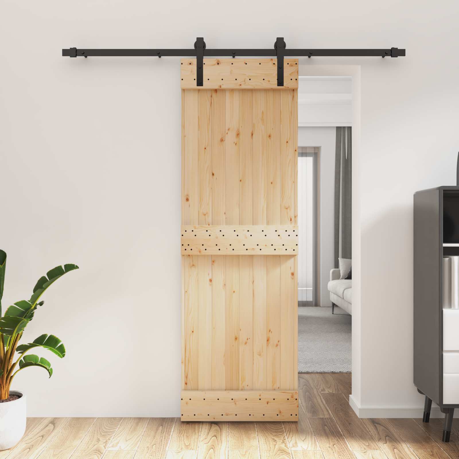Libisev uks Naturaalne ja must 70 x 210 cm Tahke männipuit