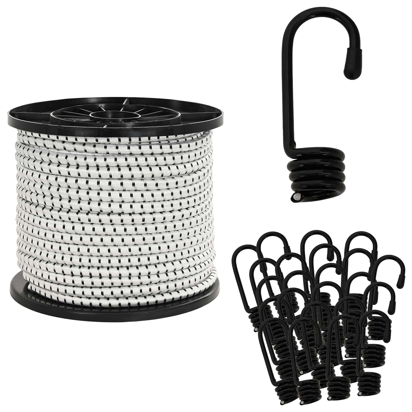 Bungee köied konksudega 10 mm 50 m Must ja Valge PP ja kumm
