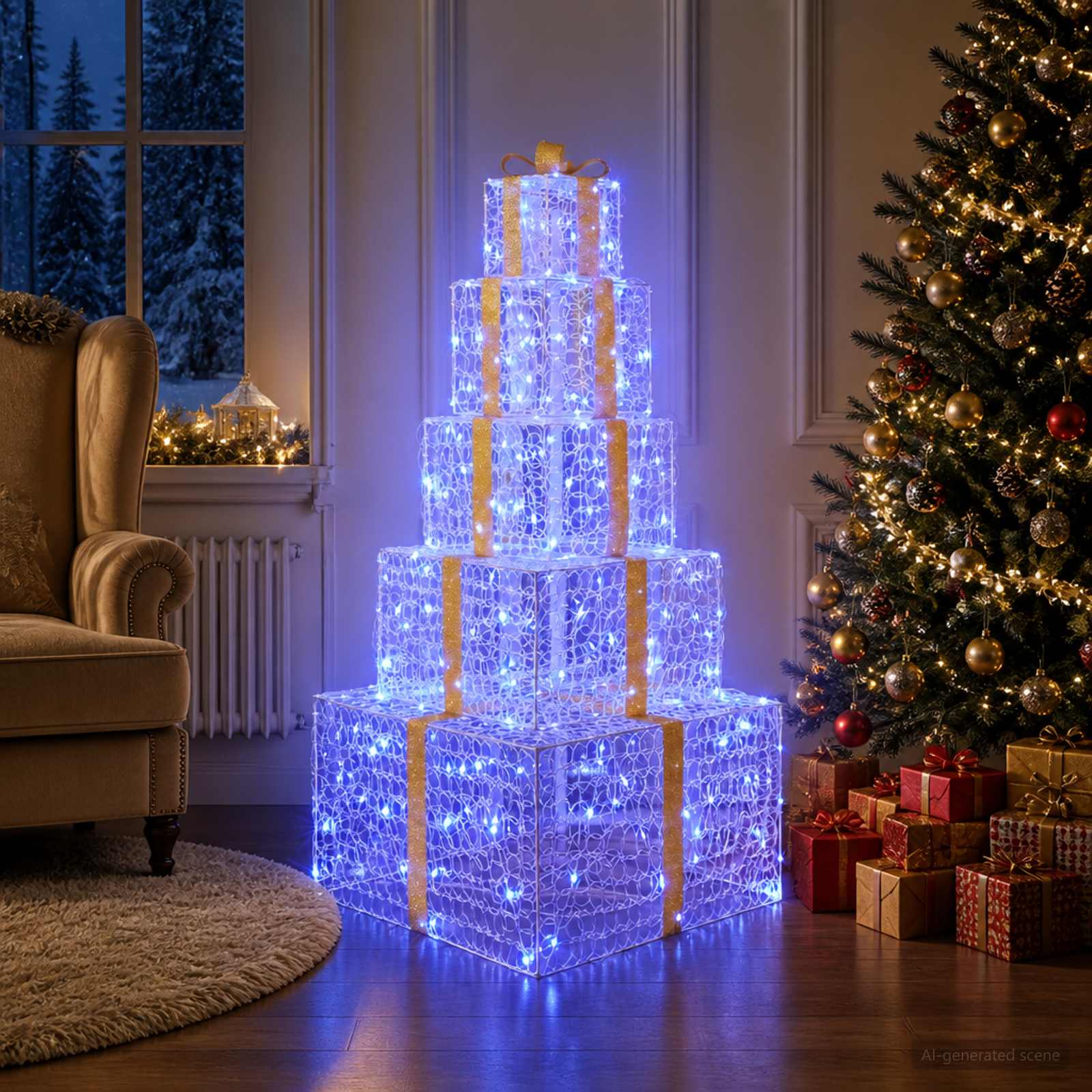 LED-tuledega jõulukinkekarpide virn 250 LED-i Sinine