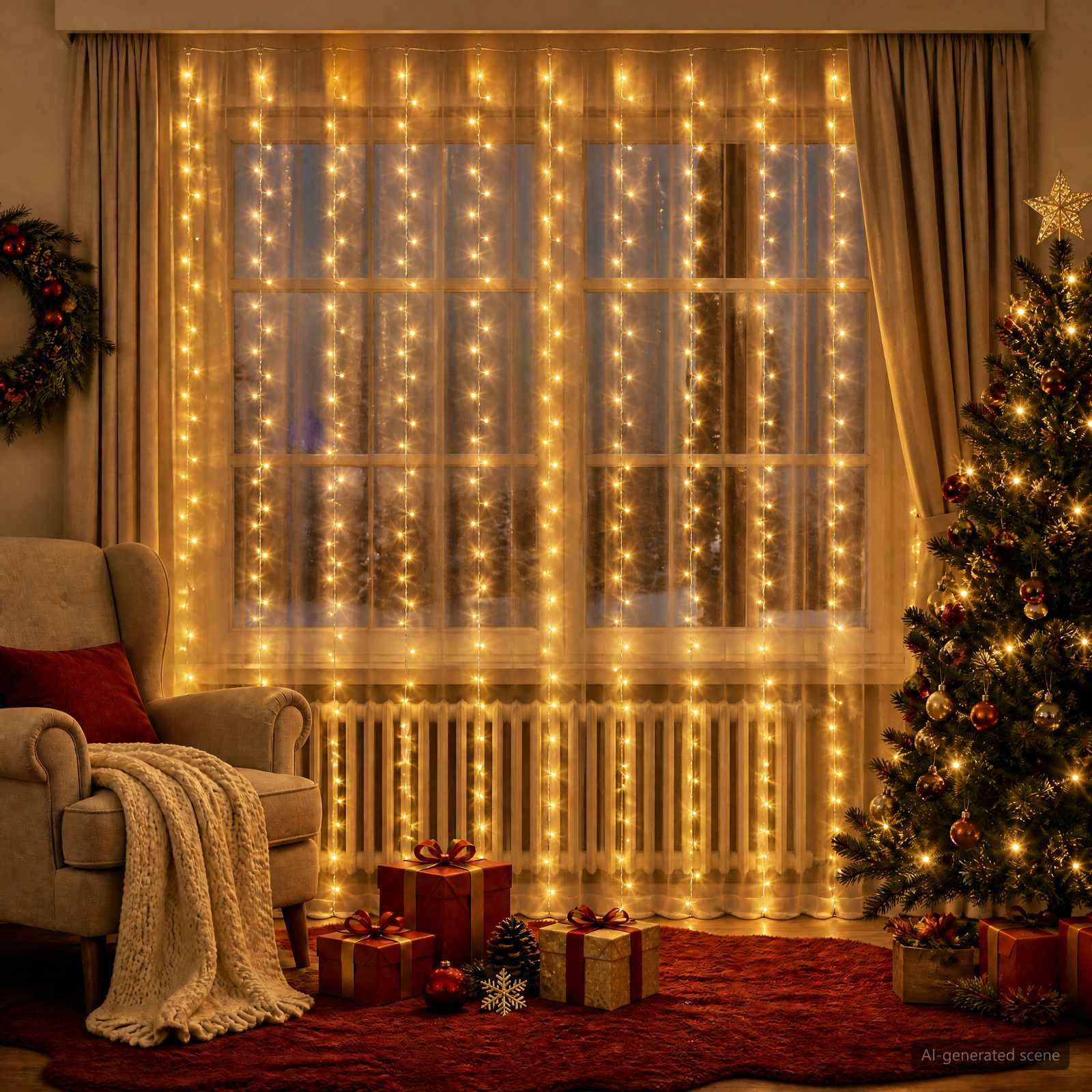 Valguskardinad 300 LED-i Soe valge 300 x 300 cm
