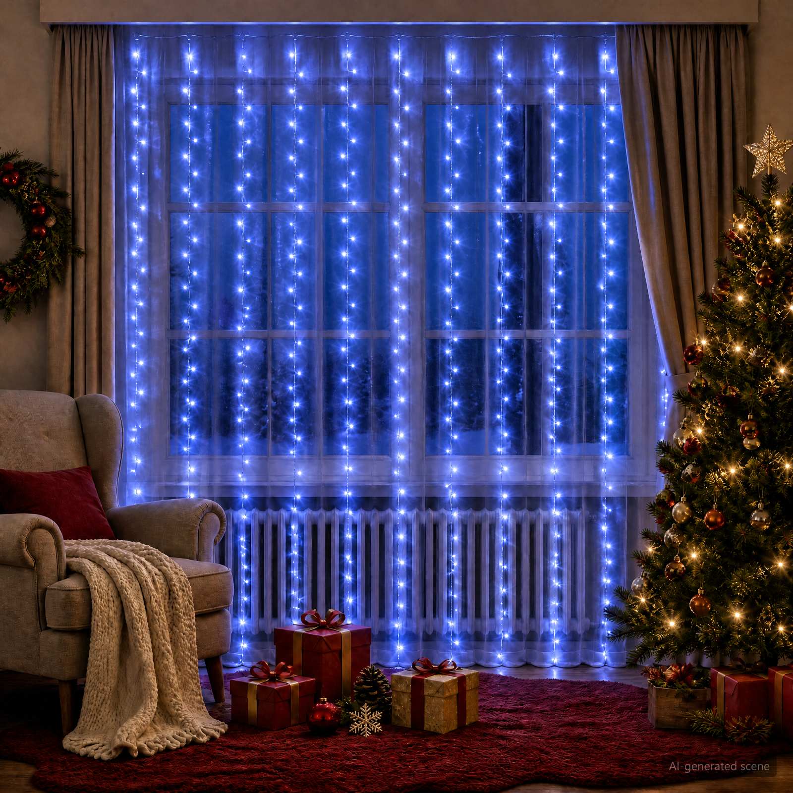 Valguskardinad 300 LED-i Sinine 300 x 300 cm