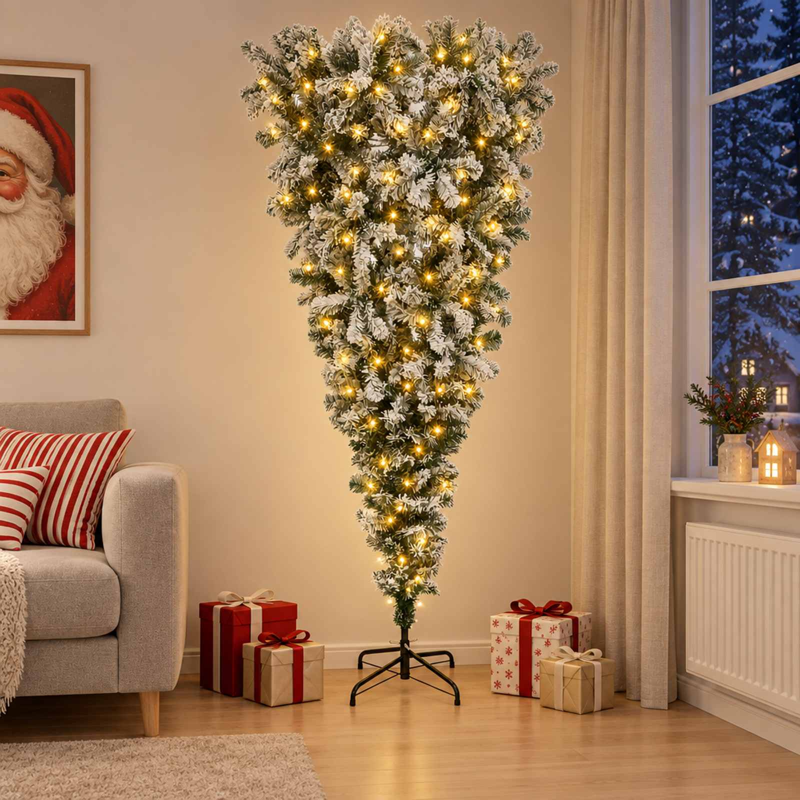 Tagurpidi Kunstlik Hingega Jõulupuu 180 cm 300 LED-i Soe valge