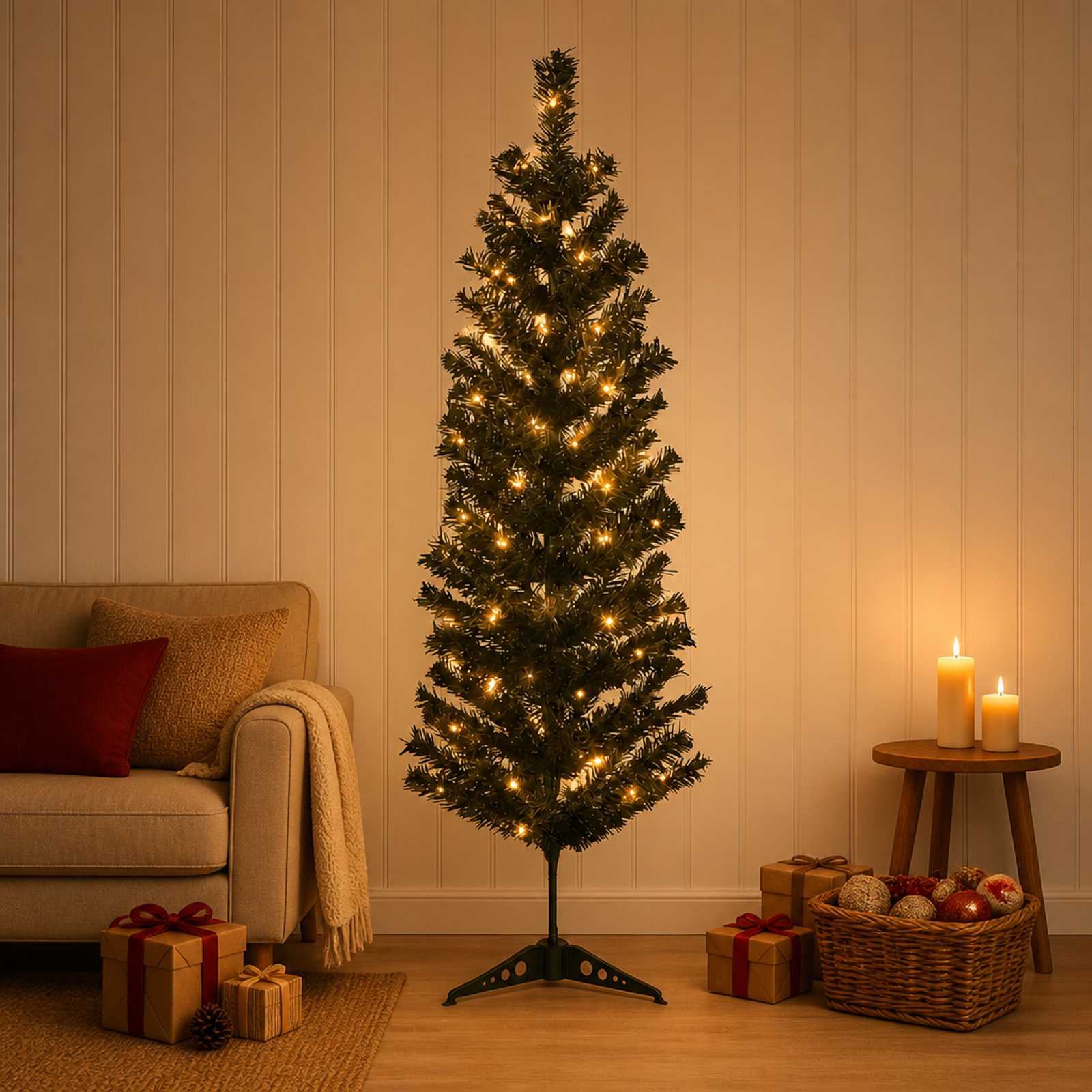 Kunstlik õhuke jõulukuusk 150 cm 150 LED-i Soe valge