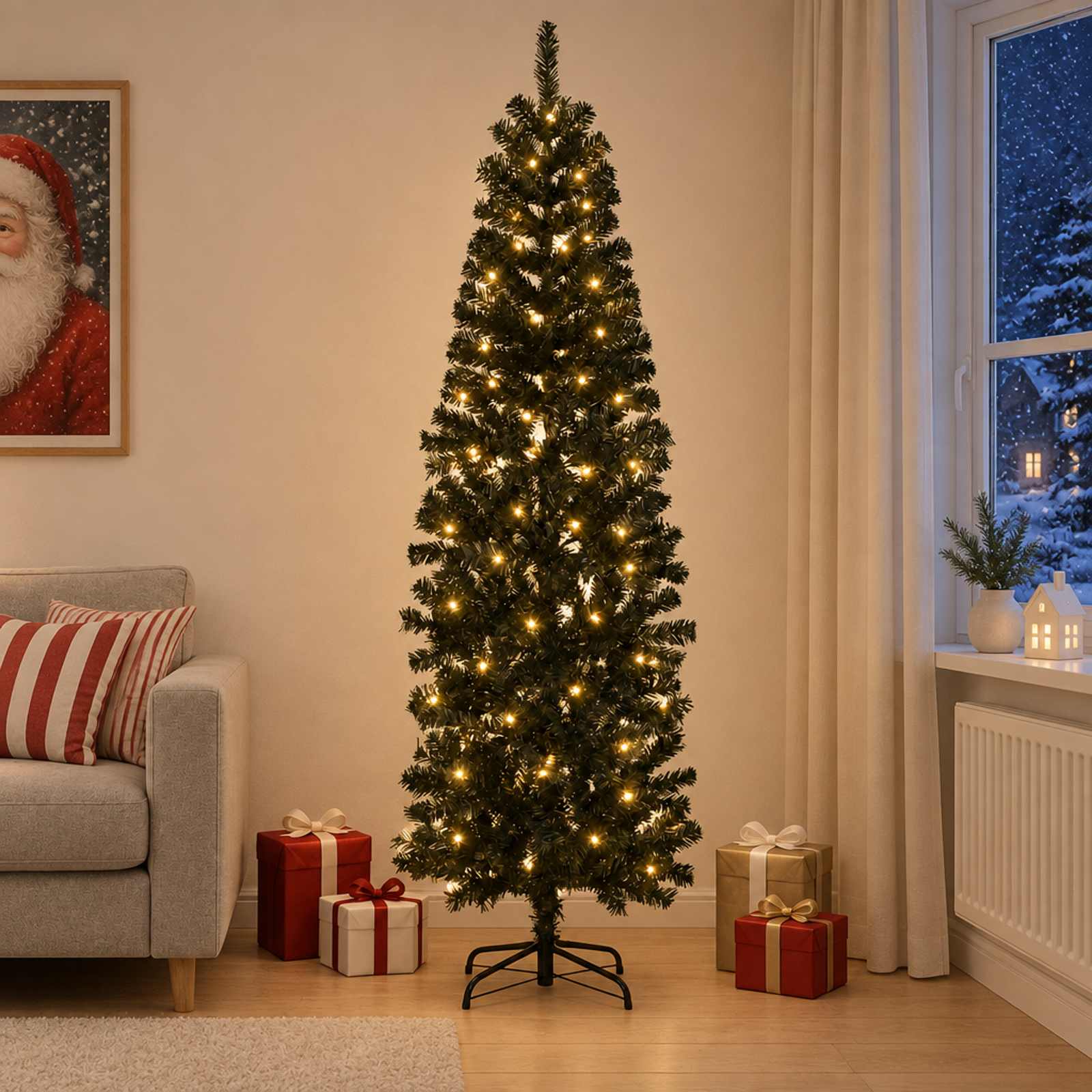 Kunstlik õhuke jõulukuusk 180 cm 300 LED-i Soe valge
