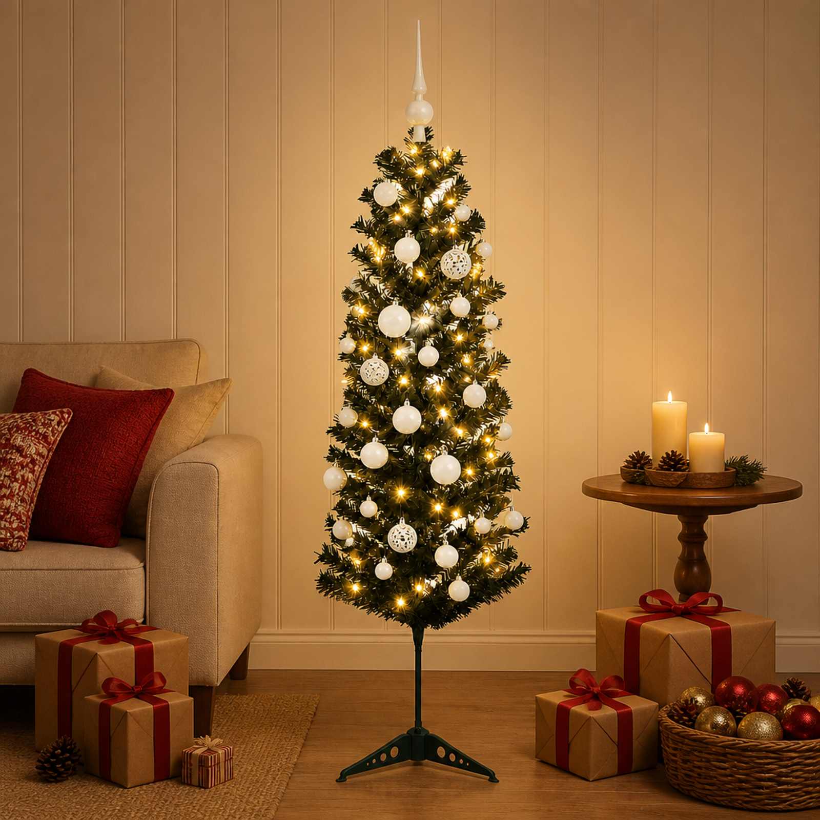 Kitsas kunstkuusk koos jõulukuulidega 150 cm 150 LED-i