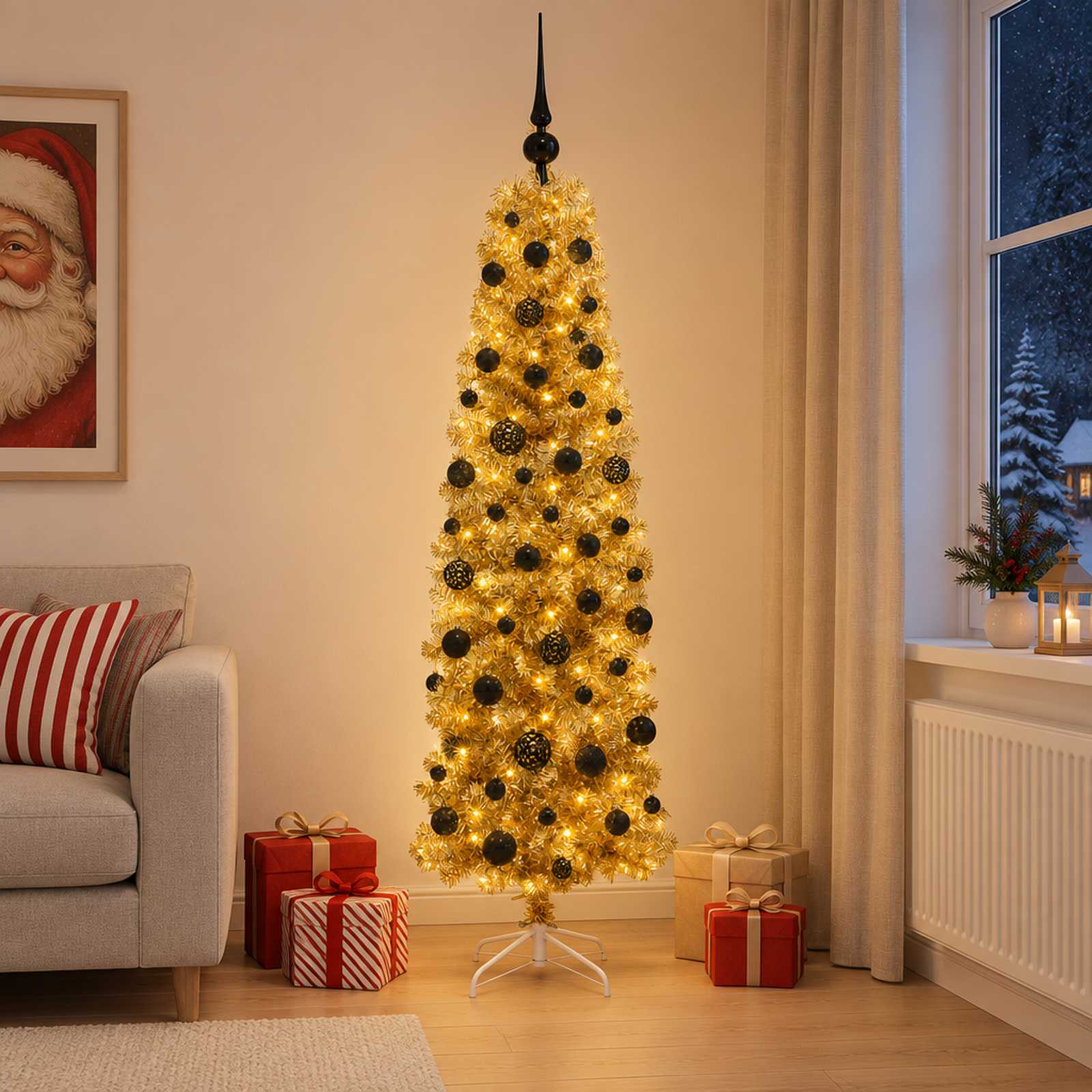 Kunstlik õhuke jõulupuu koos kaunistustega 180 cm 300 LED-i