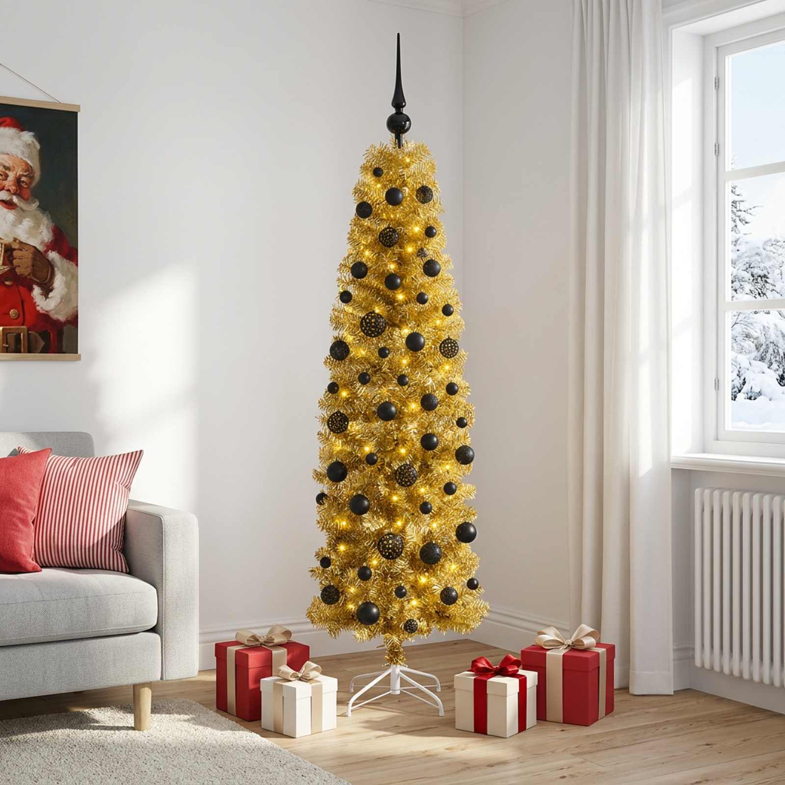 Kunstlik õhuke jõulupuu koos kaunistustega 180 cm 300 LED-i