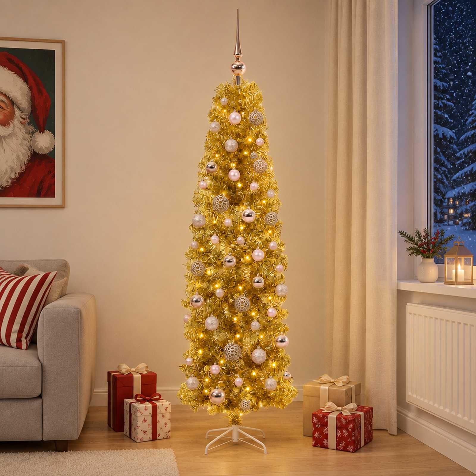 Kunstlik õhuke jõulupuu koos kaunistustega 180 cm 300 LED-i