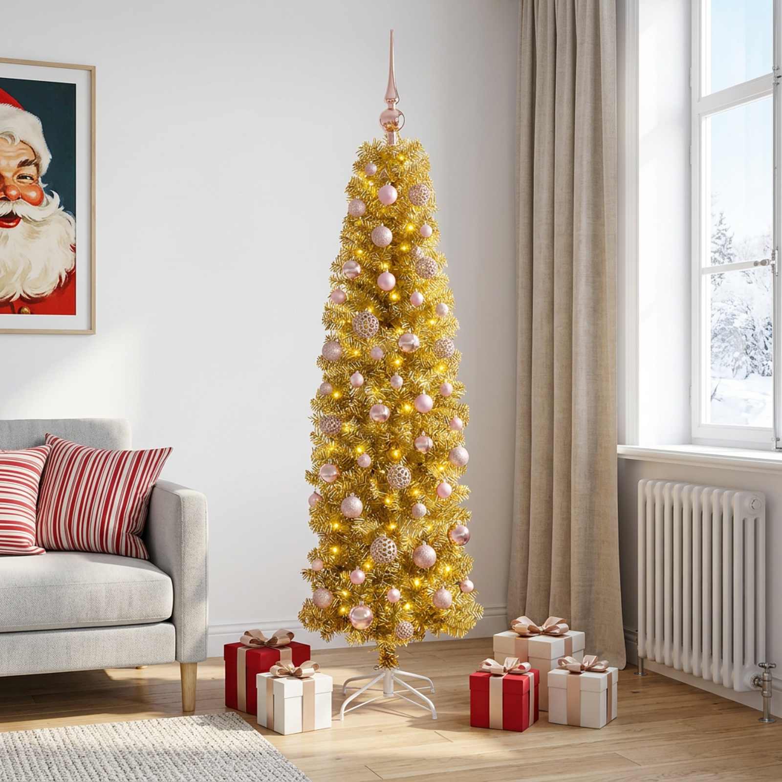 Kunstlik õhuke jõulupuu koos kaunistustega 180 cm 300 LED-i
