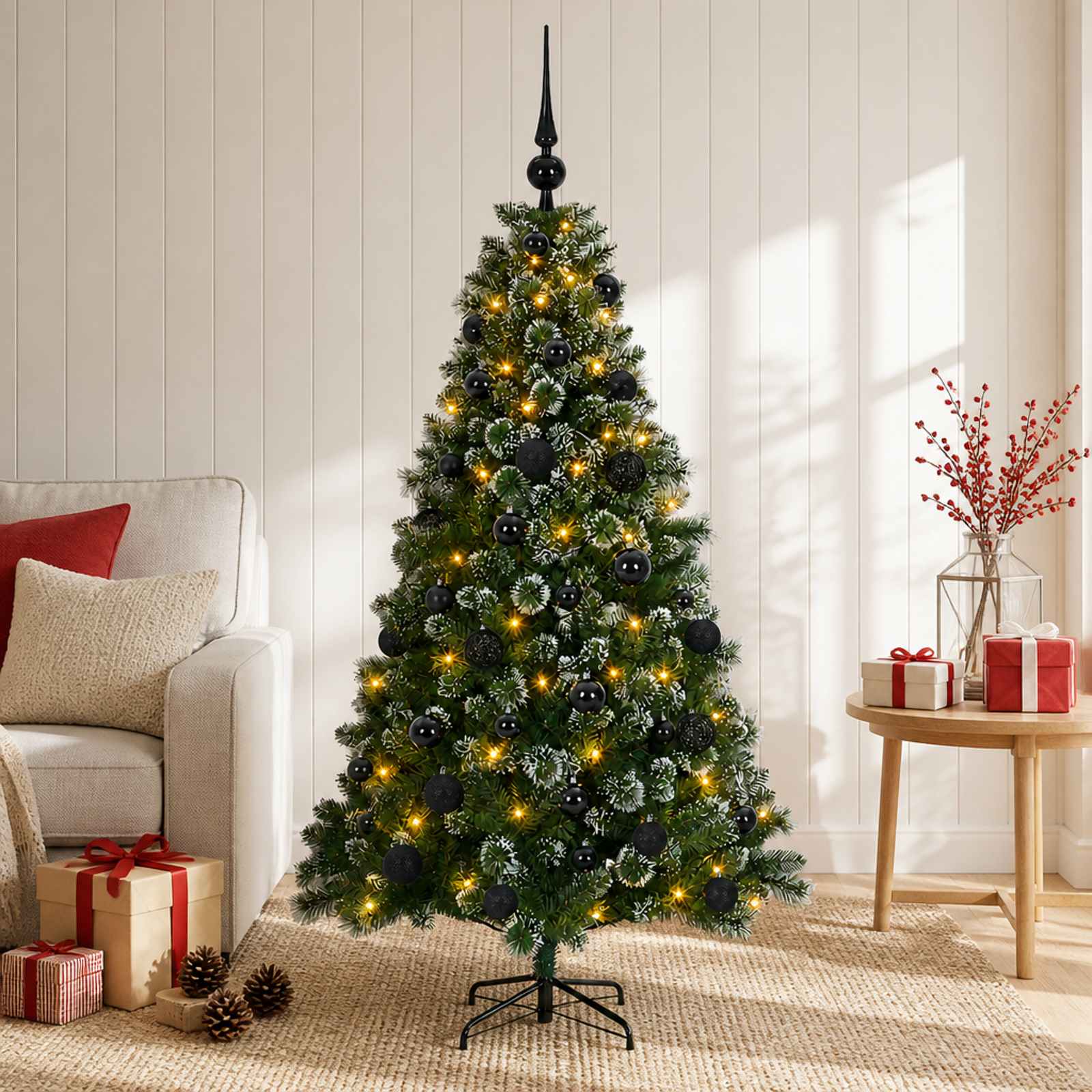 Tehis jõulupuu koos kuulekatega 120 cm 150 LED-i Soe valge