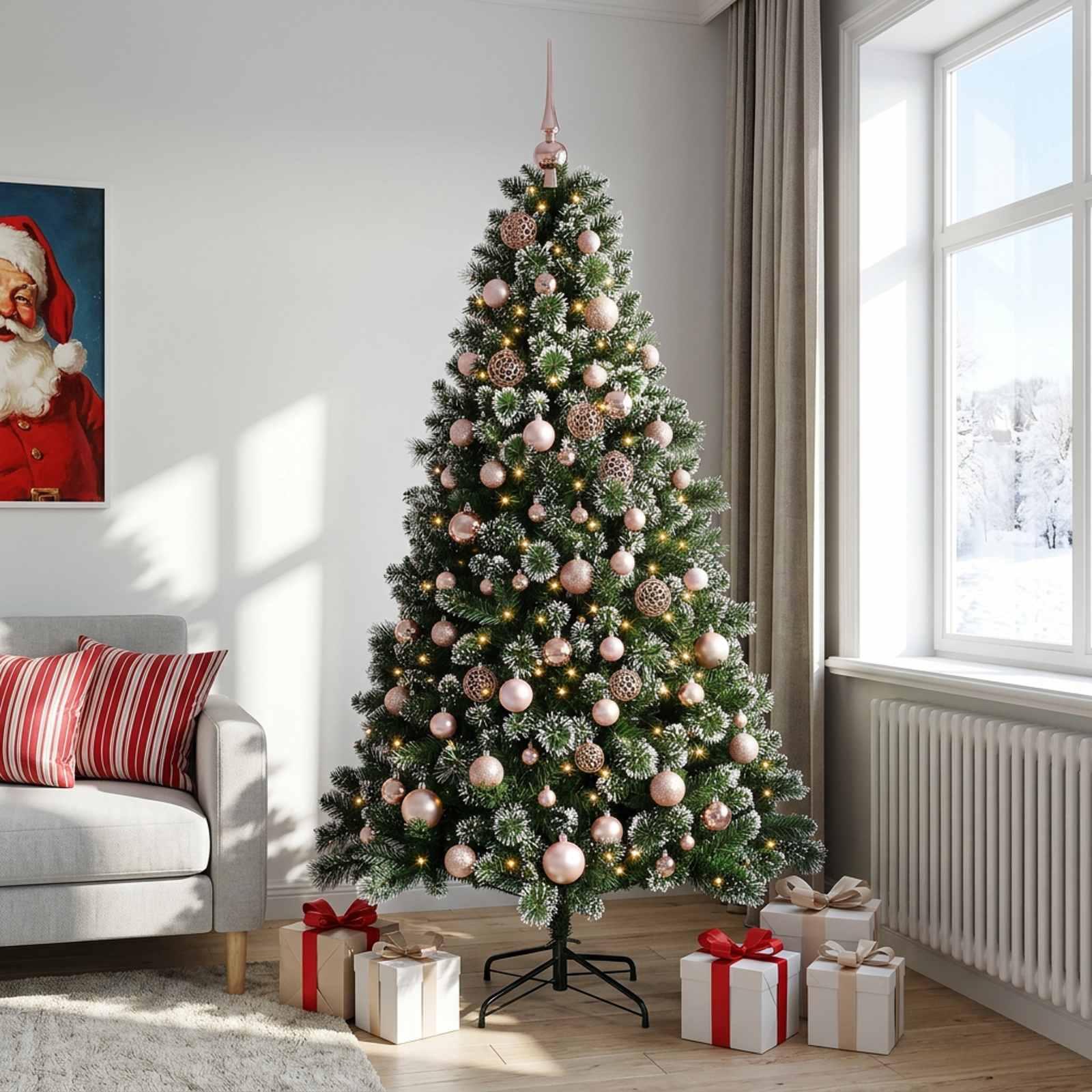 Tehis jõulupuu koos kuulekatega 210 cm 300 LED-i Soe valge