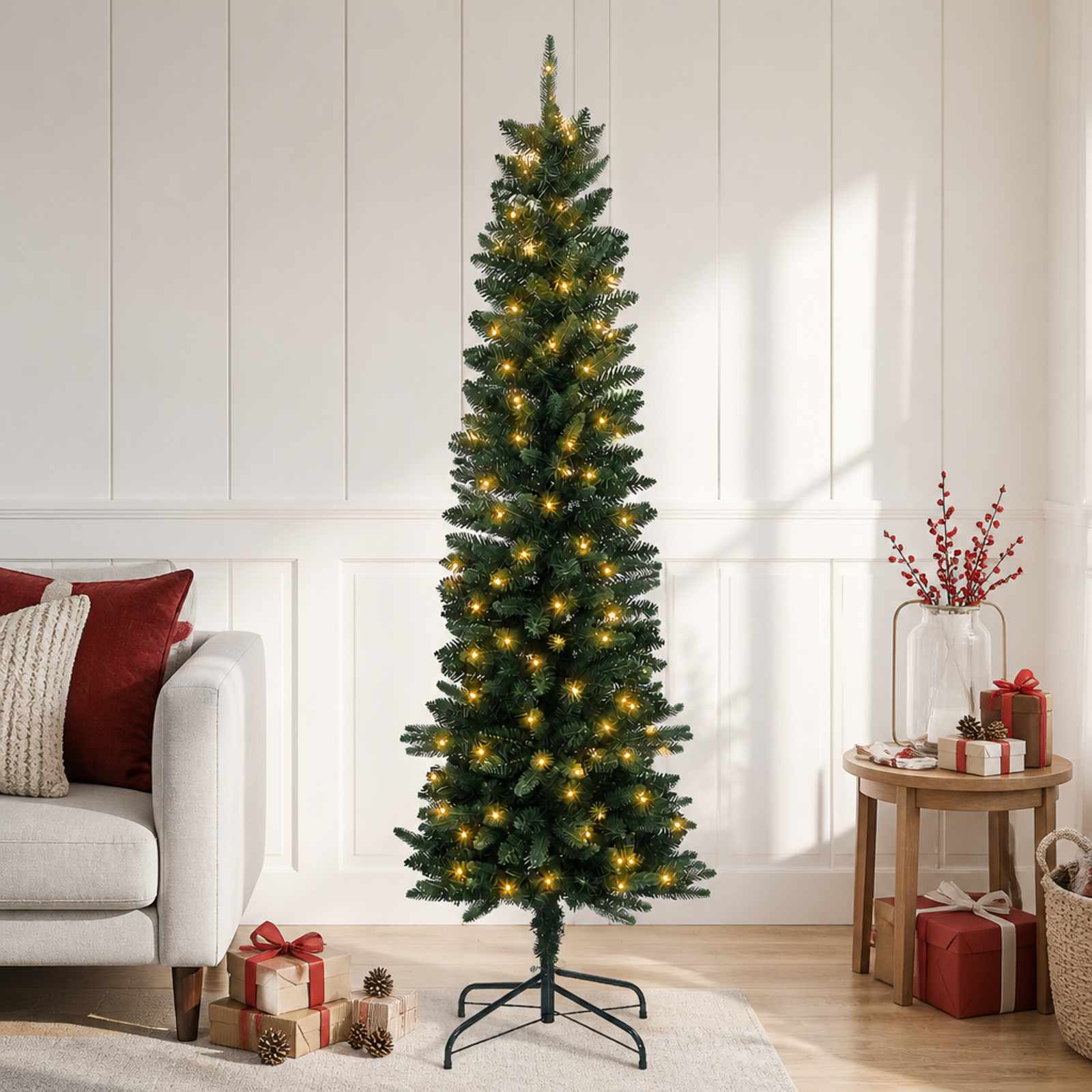 Kunstlik õhuke jõulukuusk 120 cm 150 LED-i Soe valge PE ja PVC