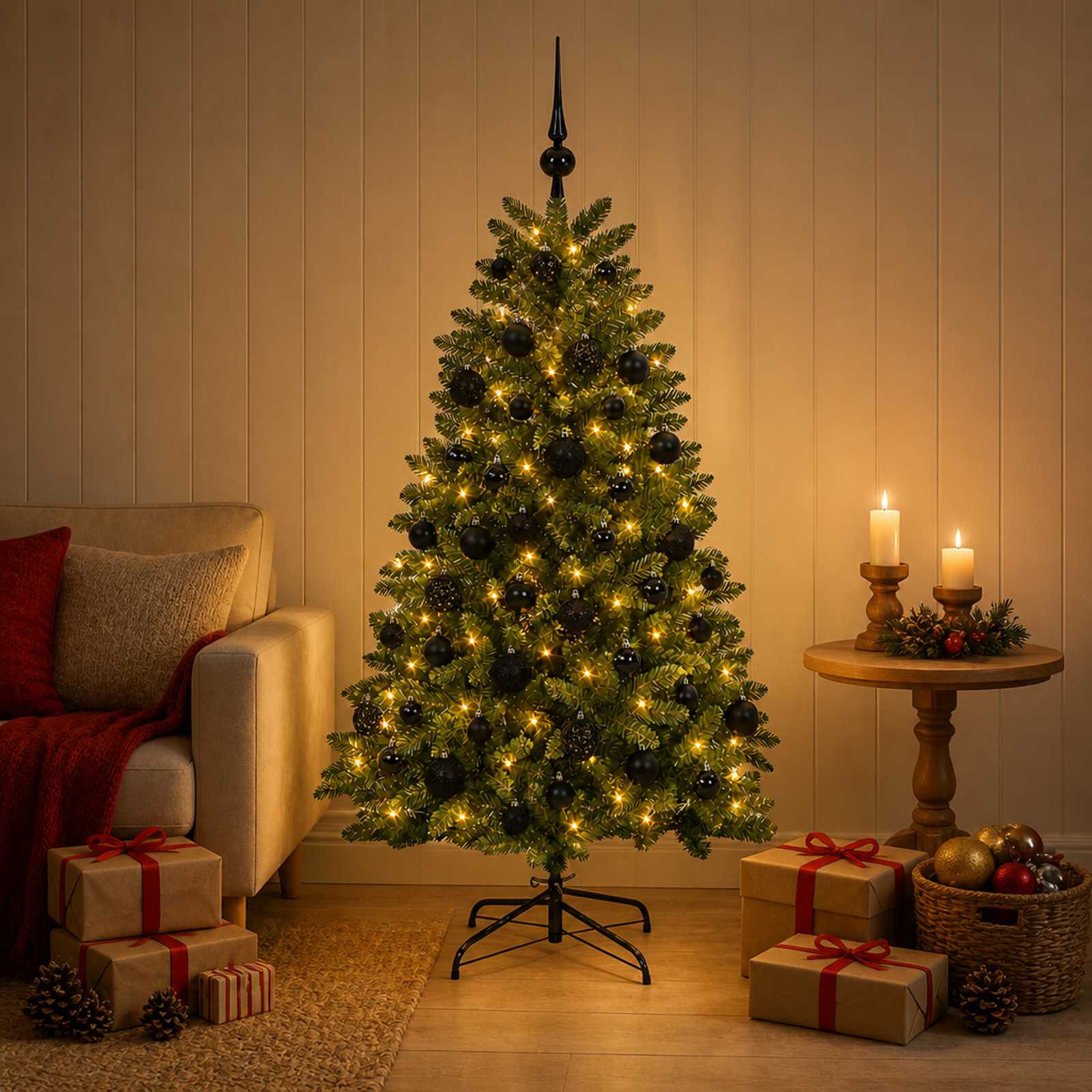 Kunstkuusk, keskroheline, jõulukuulidega 150 cm 150 LED-i