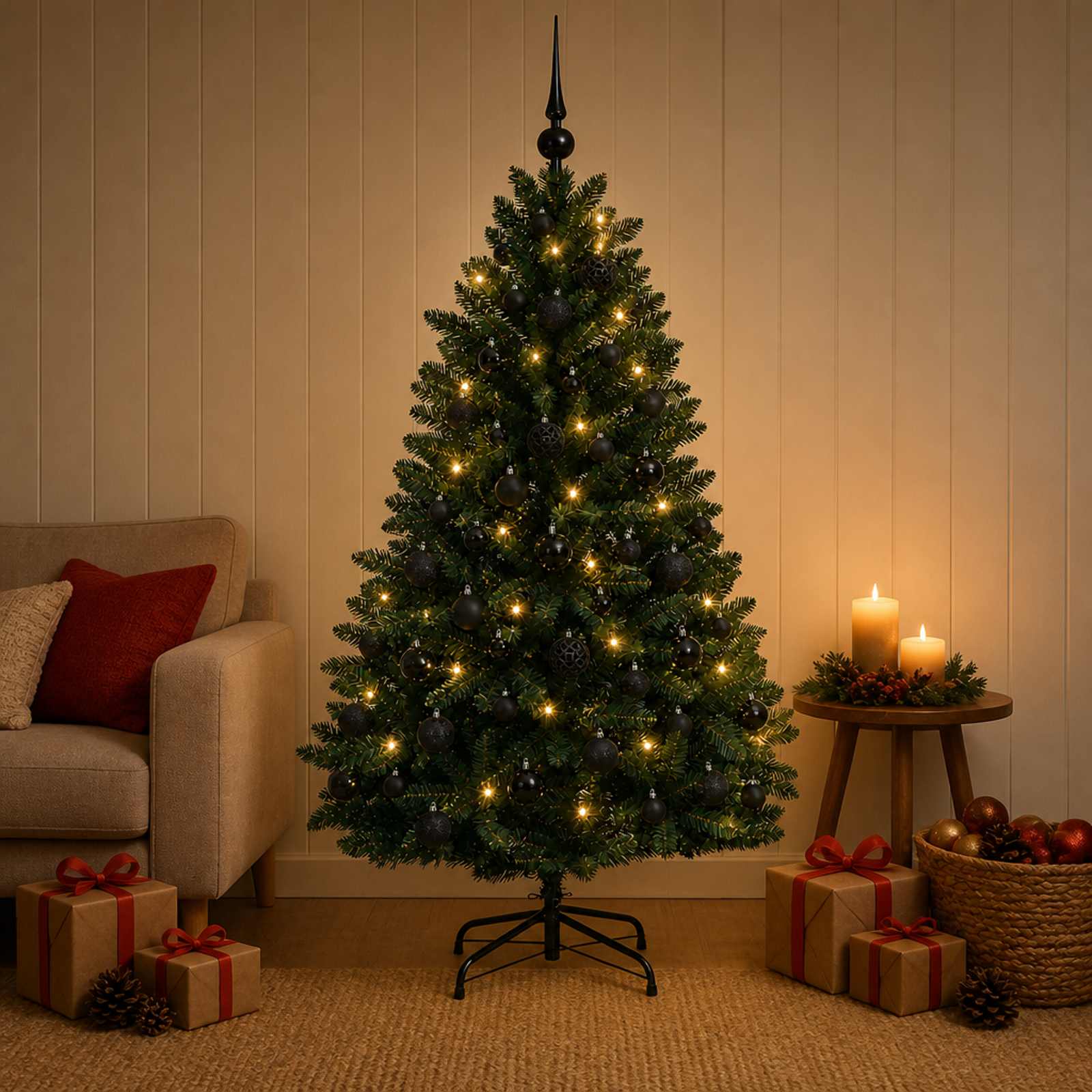 Tumeroheline kunstkuusk koos kuusekuulidega 180 cm 300 LED-i