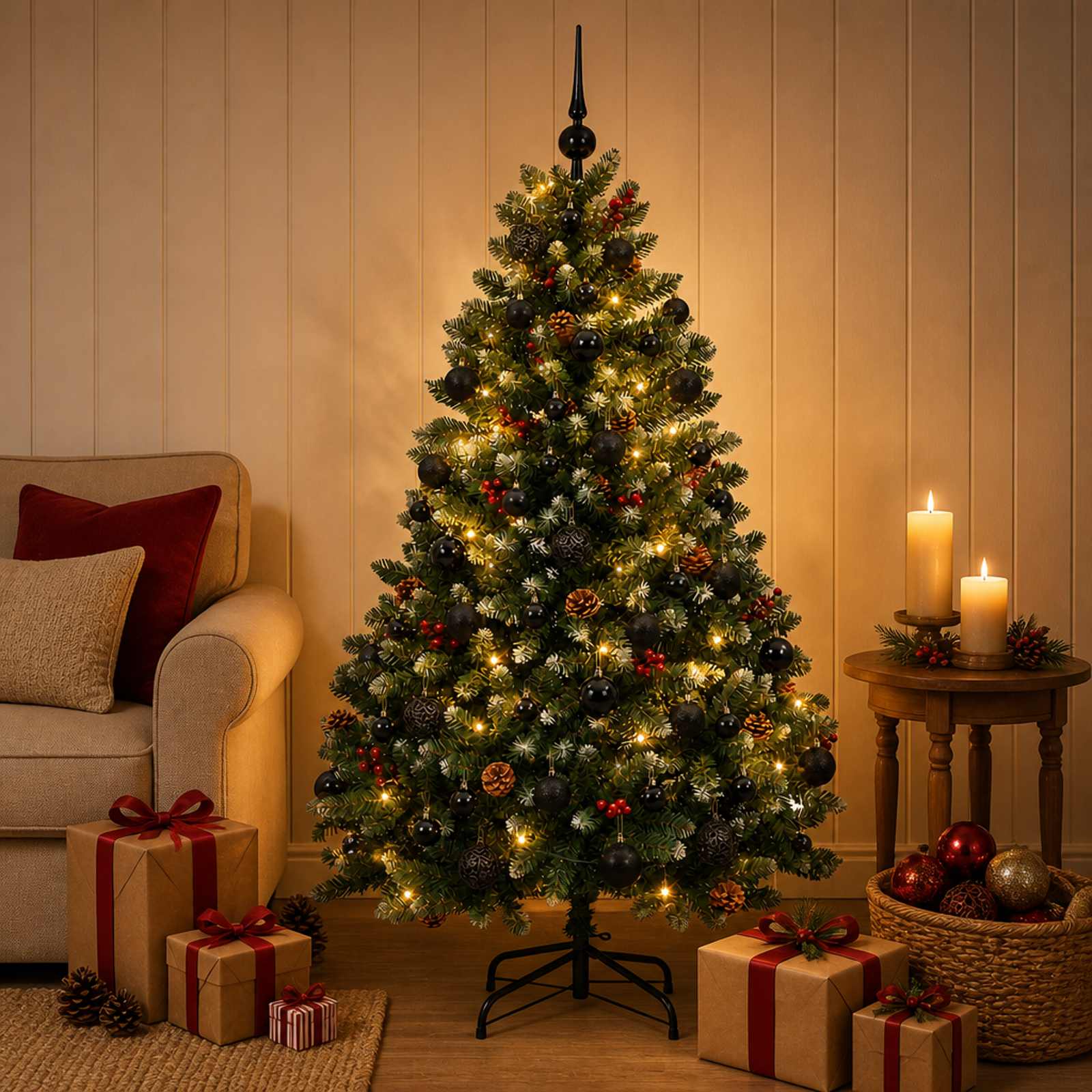 Kunstjõulupuu, roheline, jõulukuulidega 150 cm 150 LED-i