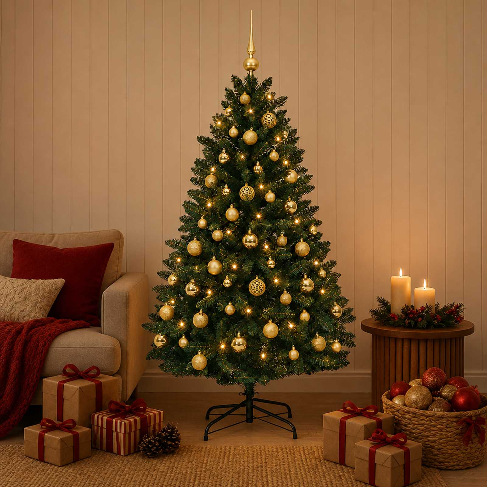 Tumeroheline kunstjõulupuu koos kuulidega 150 cm 150 LED-i