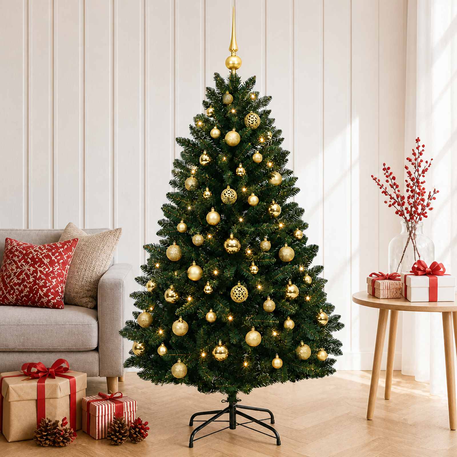 Tumeroheline kunstjõulupuu koos kuulidega 150 cm 150 LED-i