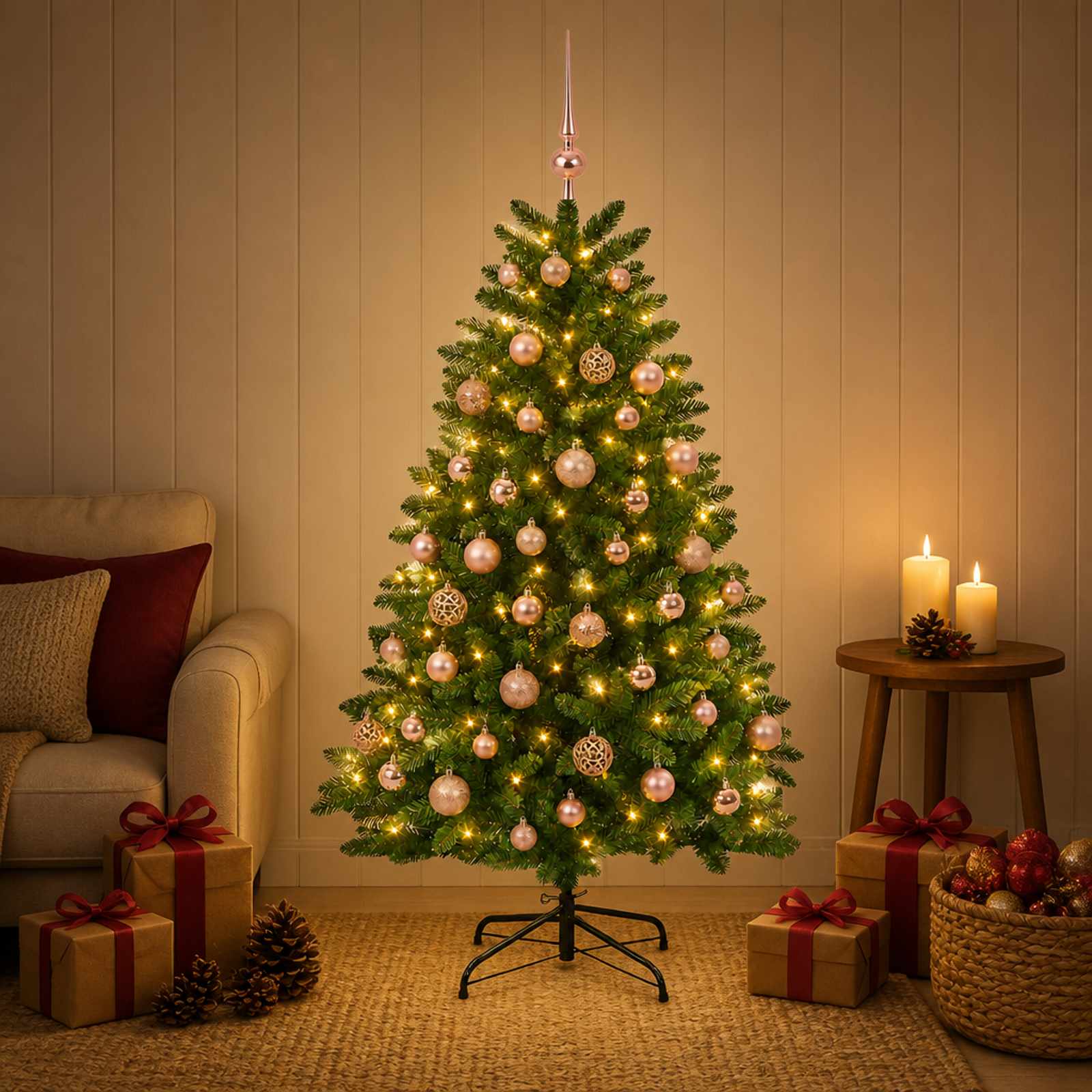 Kunstkuusk, keskroheline, jõulukuulidega 150 cm 150 LED-i