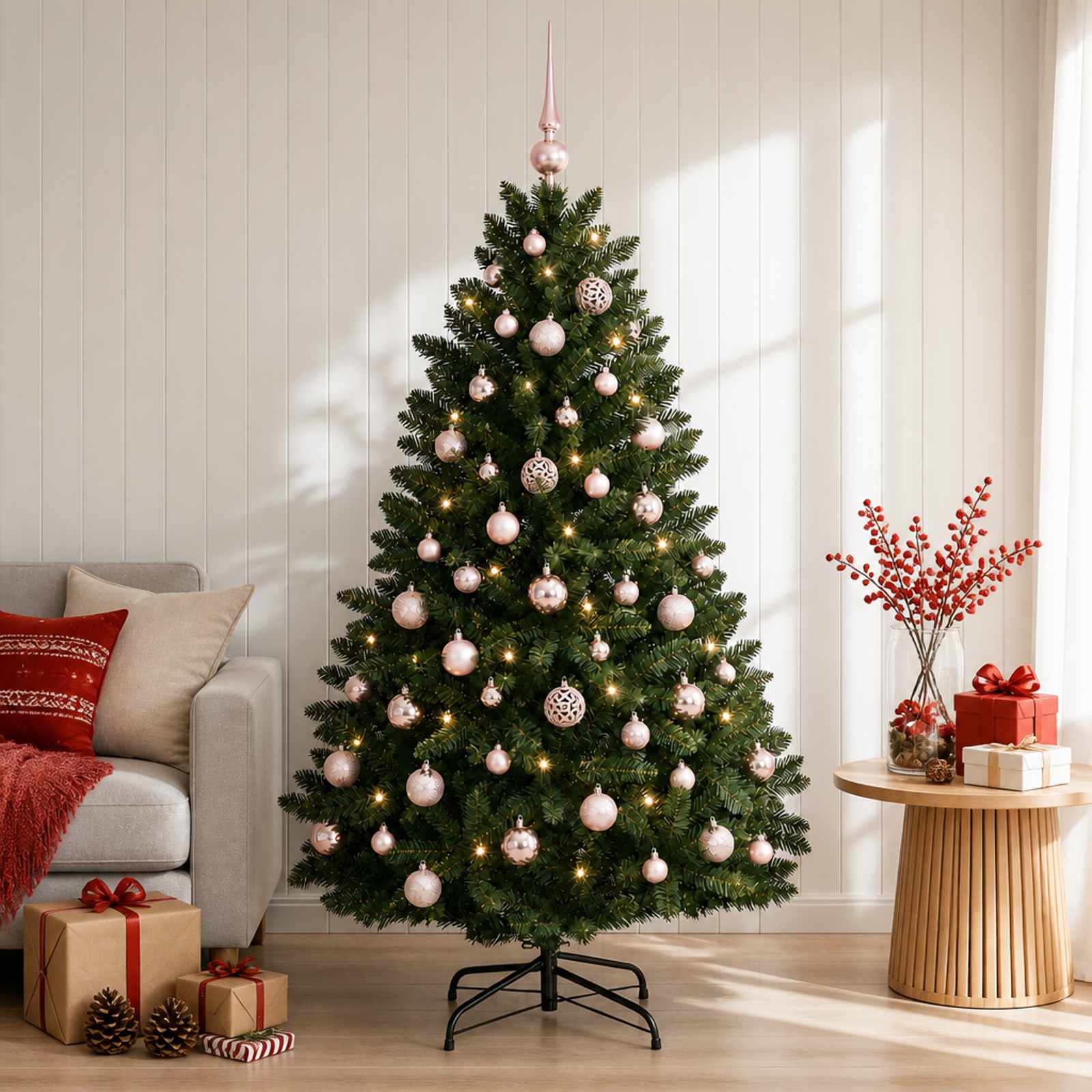 Tumeroheline kunstjõulupuu koos jõulukuulidega 180 cm 300 LED-i
