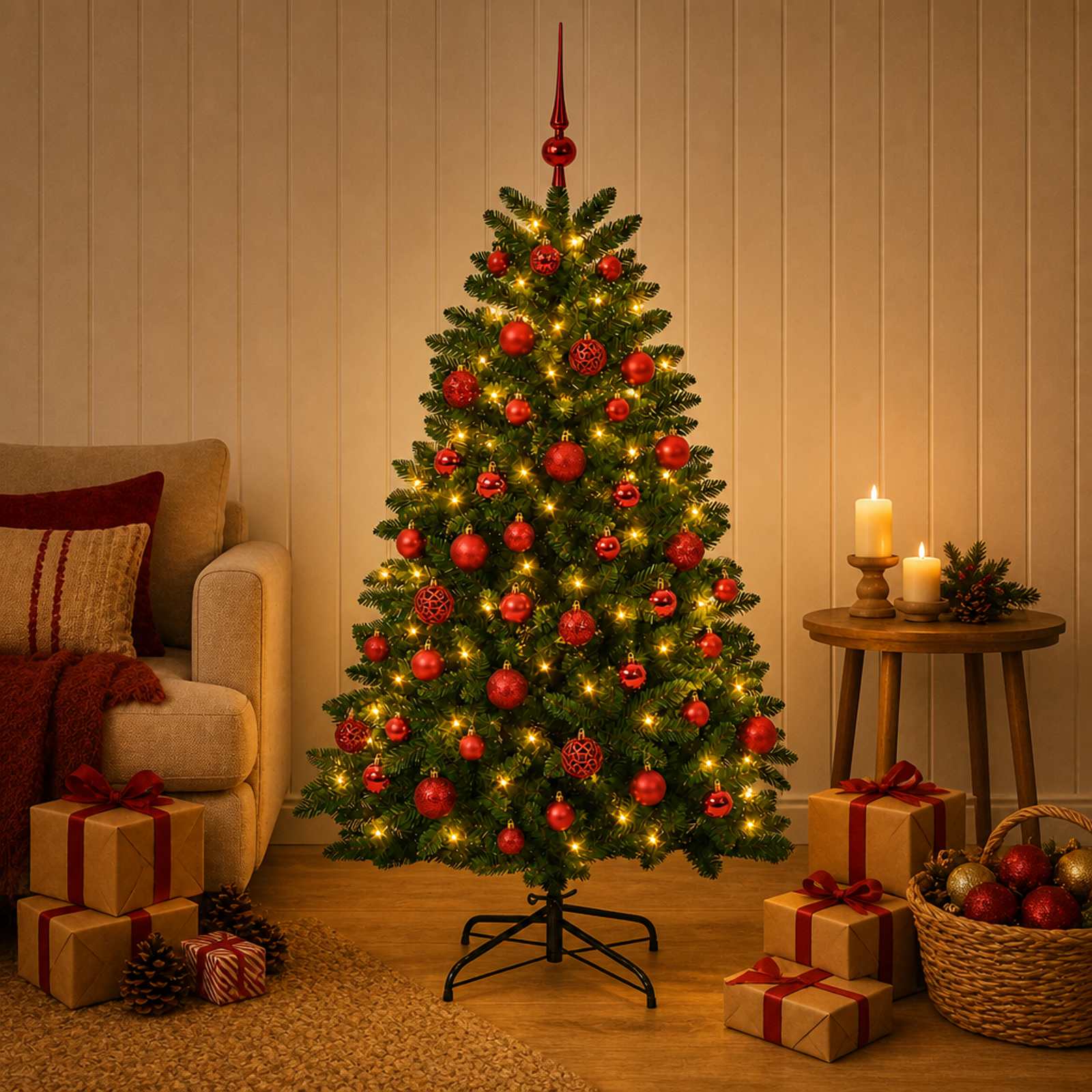 Kunstkuusk, keskroheline, jõulukuulidega 150 cm 150 LED-i