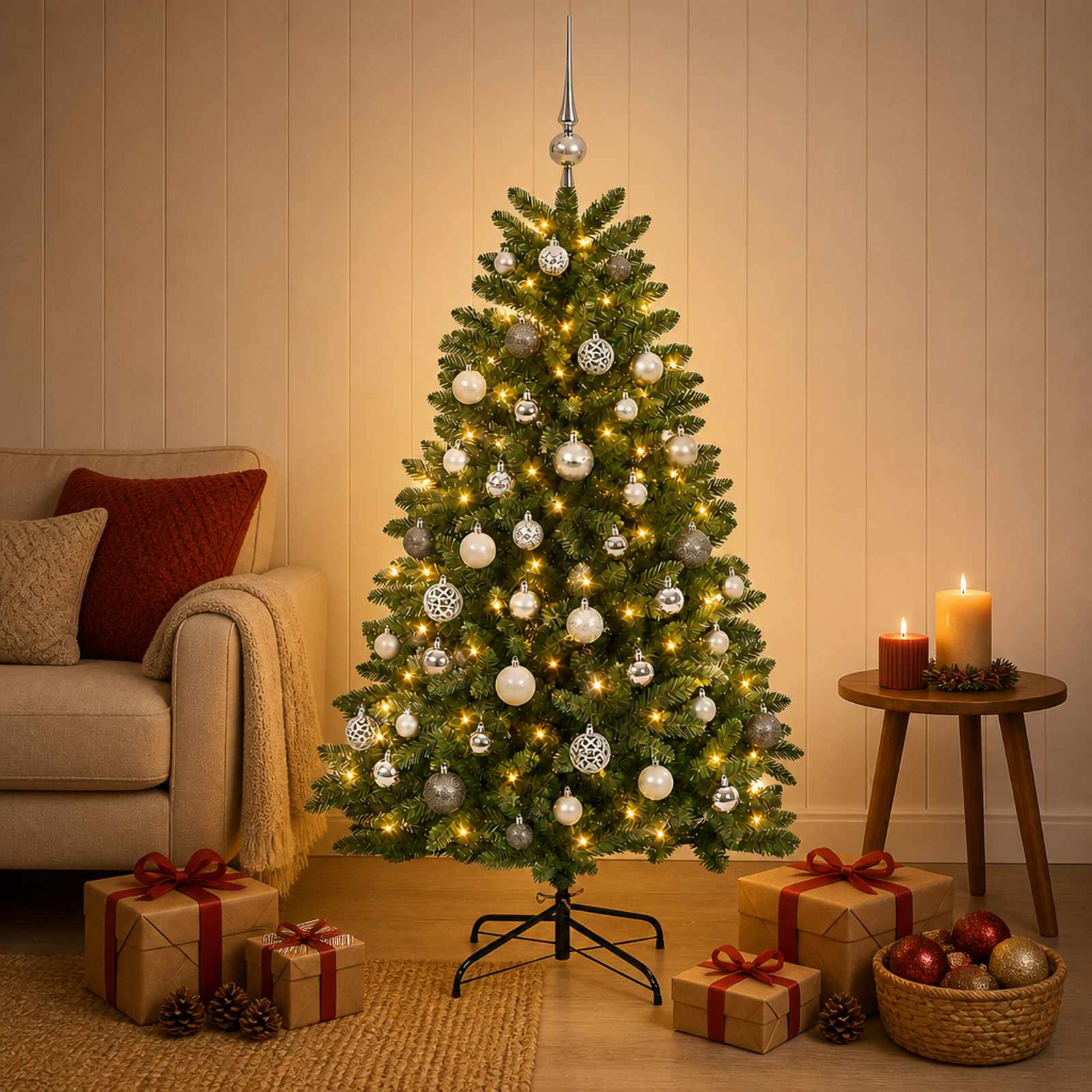 Kunstkuusk, keskroheline, jõulukuulidega 150 cm 150 LED-i