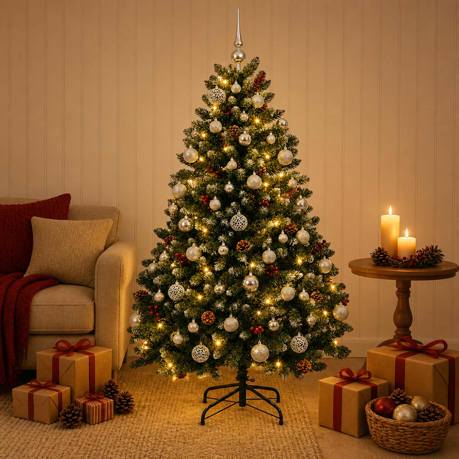 Kunstjõulupuu, roheline, kuuseehetega 150 cm 150 LED-i
