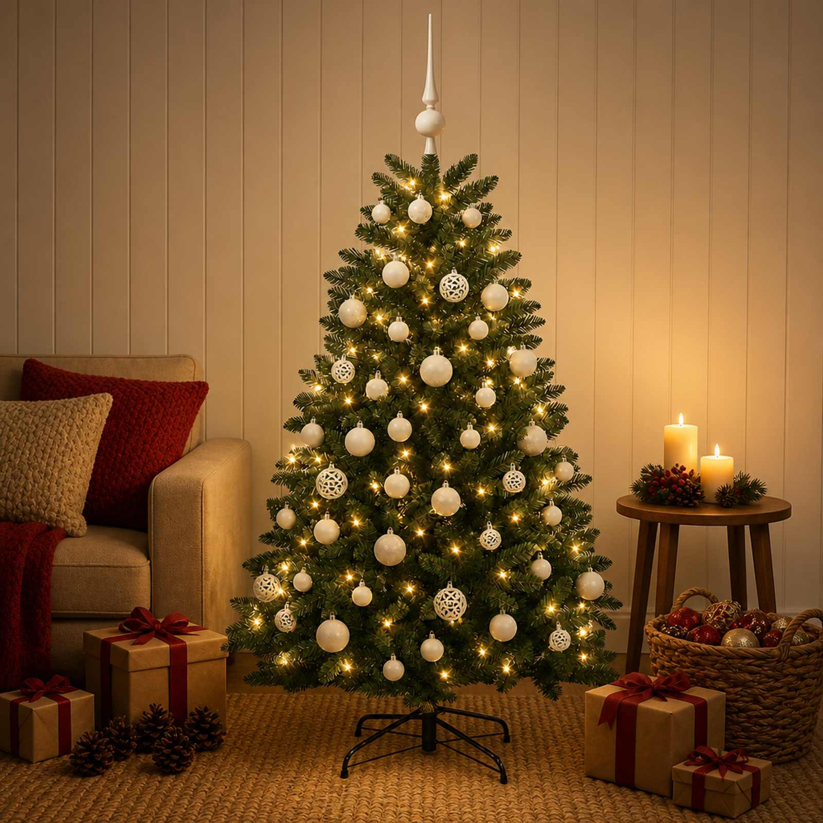 Kunstkuusk, keskroheline, jõulukuulidega 150 cm 150 LED-i