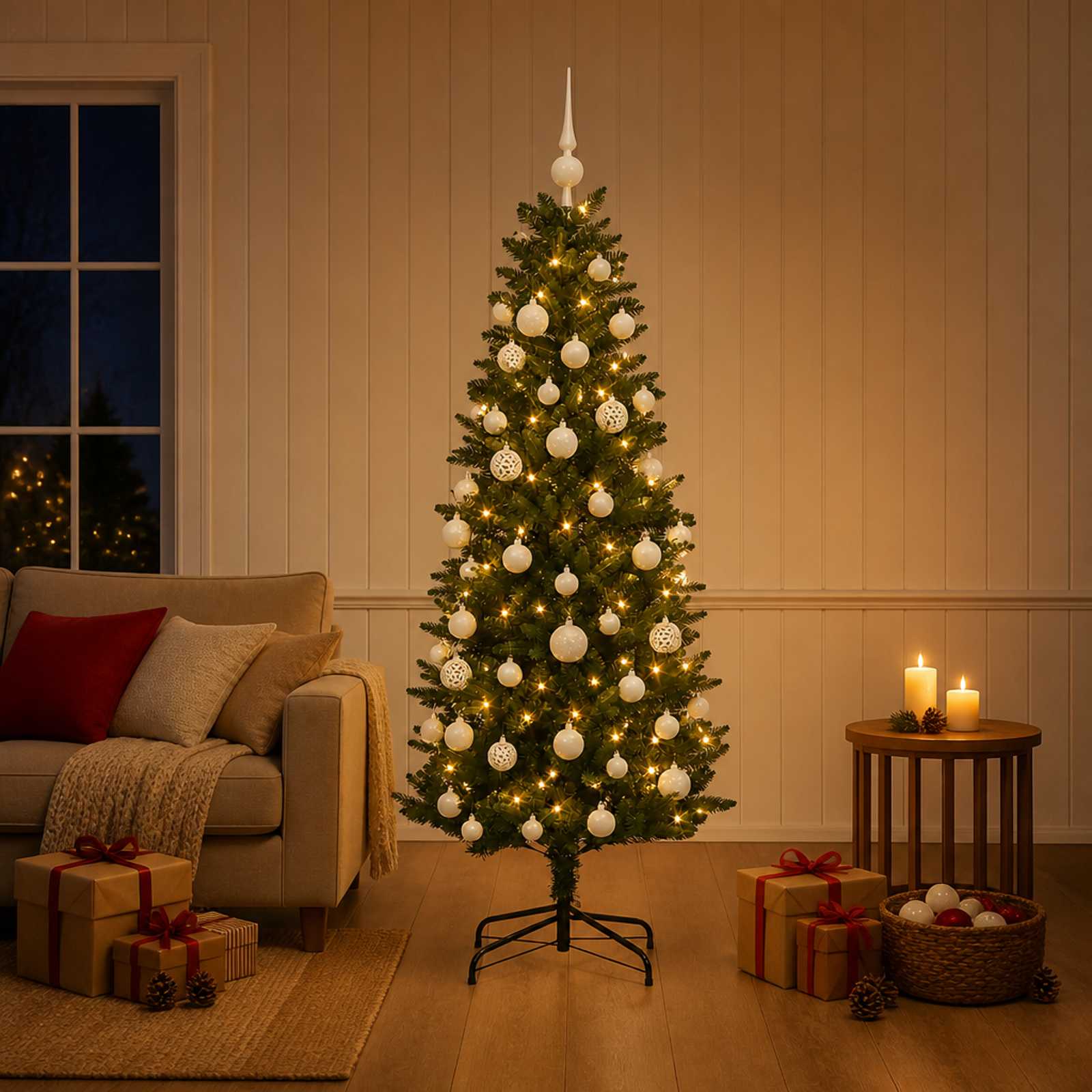 Tehisjõulukuusk koos kaunistustega 120 cm 150 LED-i Soe valge