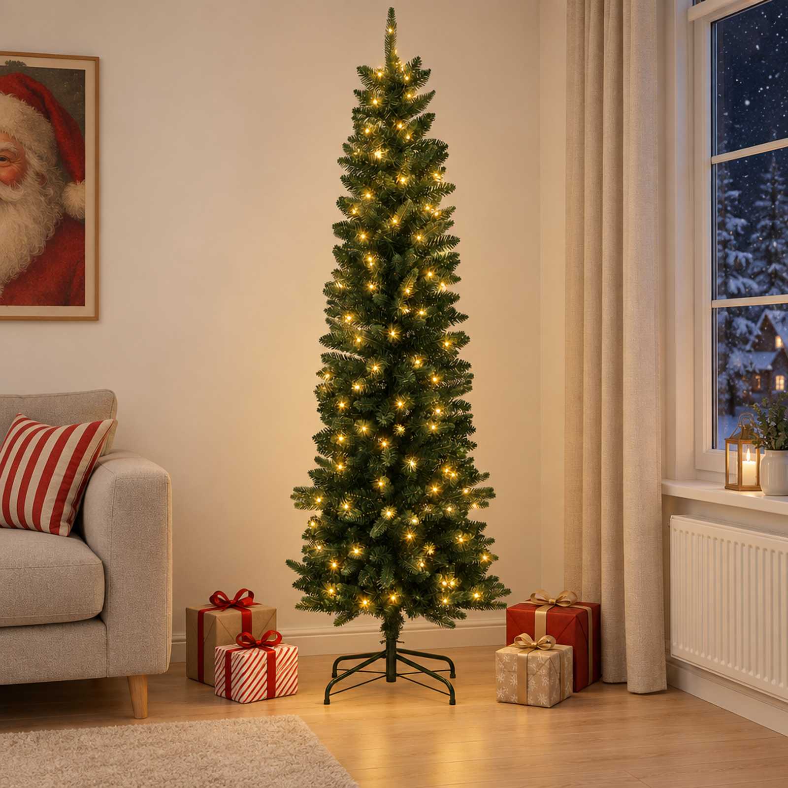 Kunstlik õhuke jõulukuusk 210 cm 300 LED-i Soe valge PE ja PVC