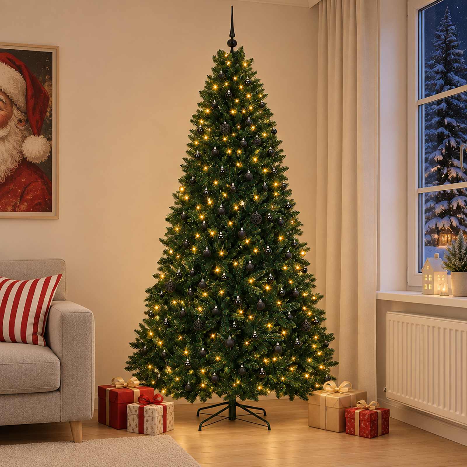 Tumeroheline kunstjõulupuu koos kuuseehetega 270 cm 600 LED-i