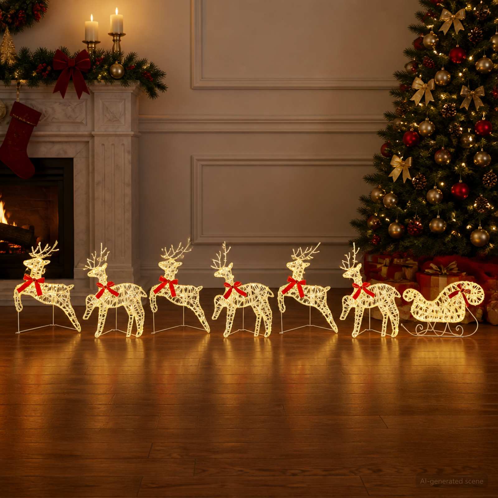 Jõulupõder saaniga 7 tk 140 LED-i Soe valge 43 x 19 x 65 cm